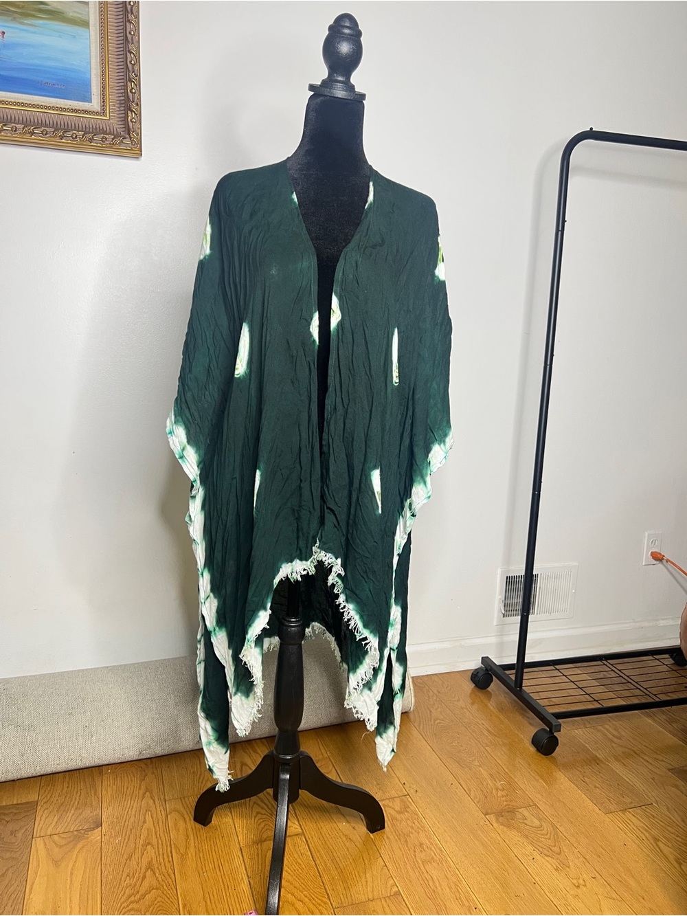 Dark Green Tie-Dye Open Front Cape Poncho